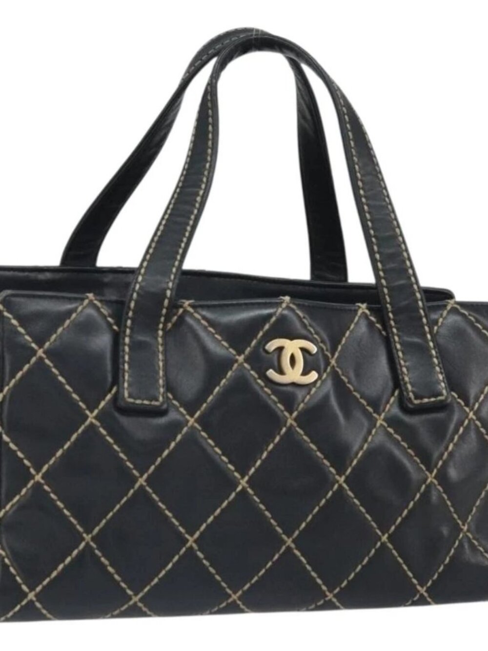 CHANEL Hand Bag Leather Black Gold CC Auth bs33126